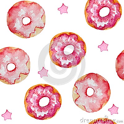 Watercolor seamless pattern of pink donuts and stars n, cards, invitations, textiles Stock Photo