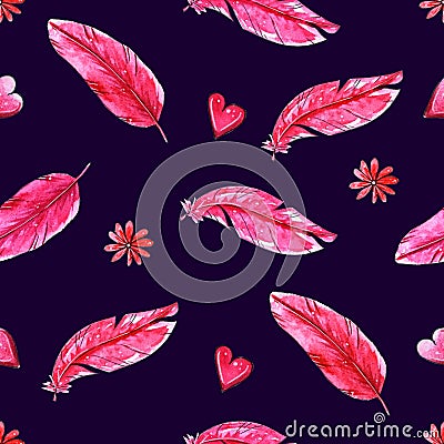 Watercolor seamless pattern with pink feathers Stock Photo