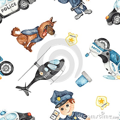 Watercolor seamless pattern with police vehicles, police officer and dog Stock Photo