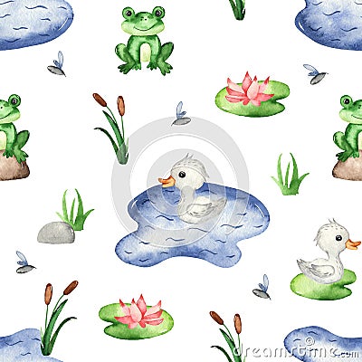 Watercolor seamless pattern with pond, frog, caterpillar, reeds, water lily, mosquitoes Stock Photo