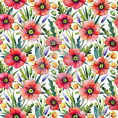 Watercolor seamless pattern with poppies. Floral background. Hand drawn summer flowers. Cartoon Illustration