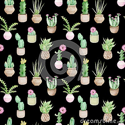 Watercolor seamless pattern of potted tropical cactuses. Indoor design. Home decoration background. Stock Photo