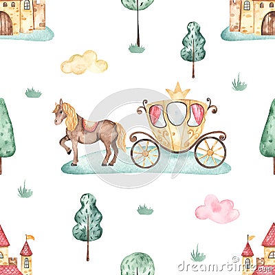 Watercolor seamless pattern with princess castle, carriage, horse, trees, grass on white background Stock Photo