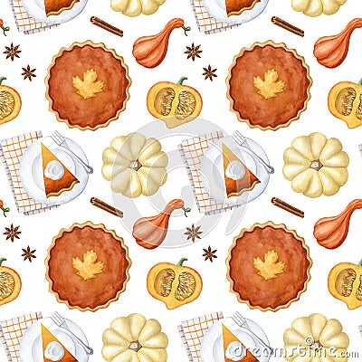 Watercolor seamless pattern with pumpkin pie, pumpkin, plate, fork and napkin Cartoon Illustration