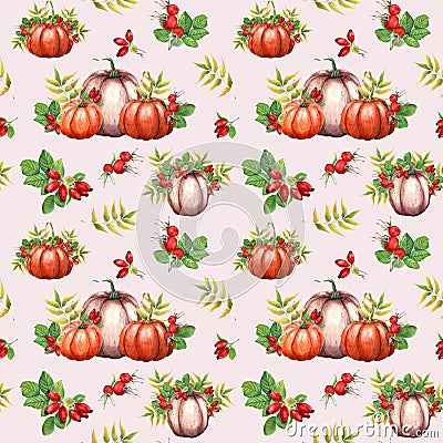 Watercolor seamless pattern with pumpkins, Brier leaves and berries. Autumn illustration isolated on light backround Cartoon Illustration