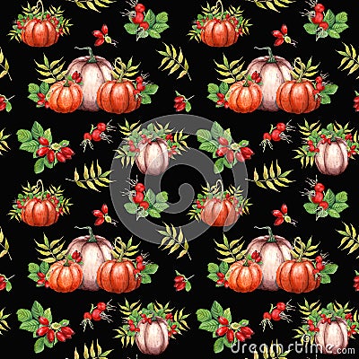 Watercolor seamless pattern with pumpkins, Brier leaves and berries. Autumn illustration isolated on black backround Cartoon Illustration