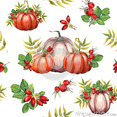 Watercolor seamless pattern with pumpkins, Brier leaves and berries. Autumn illustration isolated on white Cartoon Illustration