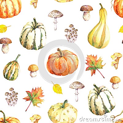 Watercolor seamless pattern with pumpkins, mushrooms and autumn leaves. Cartoon Illustration