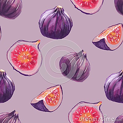 Watercolor seamless pattern of purple figs. Realistic Tropical Fruit Digital Paper Cartoon Illustration