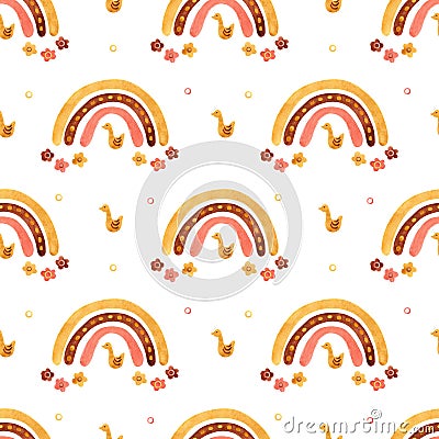 Watercolor seamless pattern with rainbows, flowers and little ducks on white. Stock Photo
