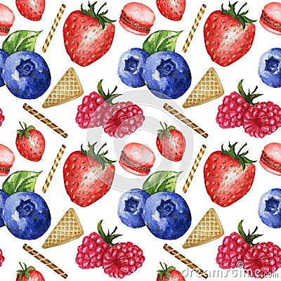 Watercolor Seamless pattern. Red Blue Sweet deserts with Cream and biscuit, waffle, berries, fruits, macaron. Hand drawn Cartoon Illustration