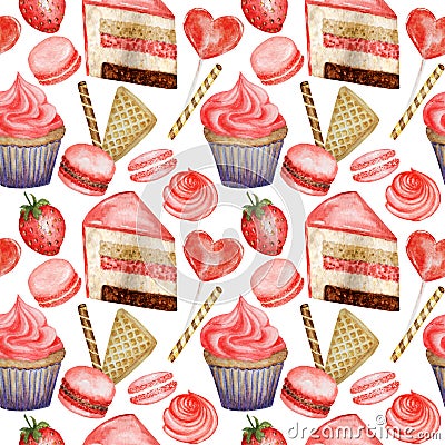 Watercolor Seamless pattern. Red Blue Sweet deserts with Cream and biscuit, waffle, cake, cupcake, berries. Hand drawn Cartoon Illustration