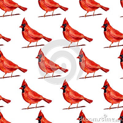 Watercolor seamless pattern with red cardinal birds on twigs Stock Photo