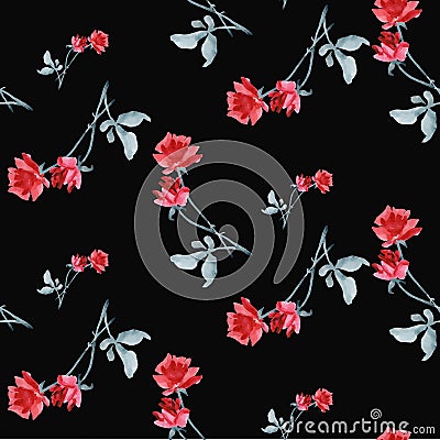 Watercolor seamless pattern with red roses and gray le aves on black background. Fine bright and elegant pattern Stock Photo