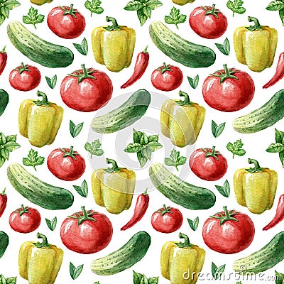 Watercolor seamless pattern with red tomato, pepper, cucumber and greenery on the white background. Watercolor Stock Photo