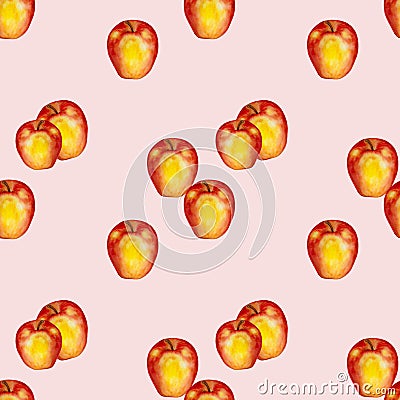 Watercolor seamless pattern with red-yellow apples Cartoon Illustration