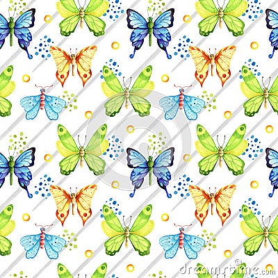 Watercolor seamless pattern in retro style with butterflies, moths, and stripes Stock Photo