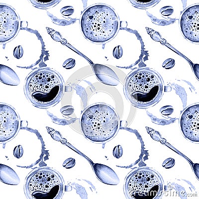Watercolor seamless pattern in retro style with coffee cups Stock Photo