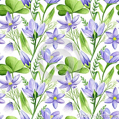 Watercolor seamless pattern in retro style with spring flowers and green leaves Stock Photo