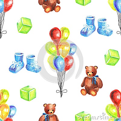 Watercolor seamless pattern with retro toys on white background Stock Photo