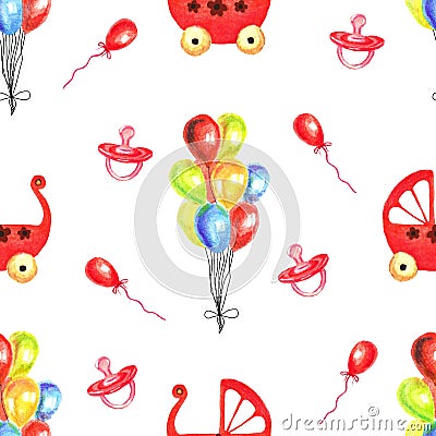 Watercolor seamless pattern with retro toys on white background Stock Photo