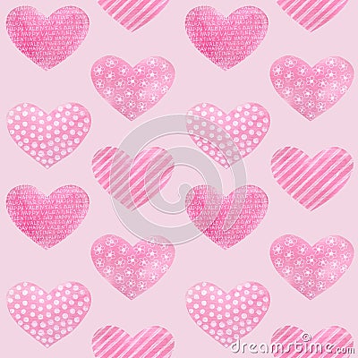 Watercolor seamless pattern with rose hearts with white ornament. Stock Photo