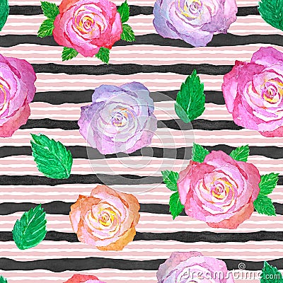 Watercolor seamless pattern with roses, striped backdrop for greeting card, invitation, birthday, wedding Stock Photo