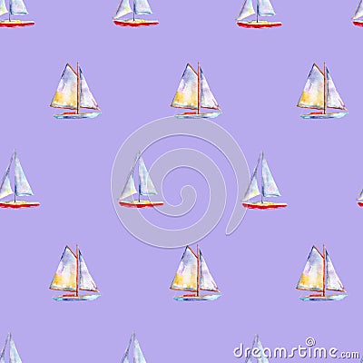 Watercolor seamless pattern with sailboats, bright hand-drawn background. Stock Photo