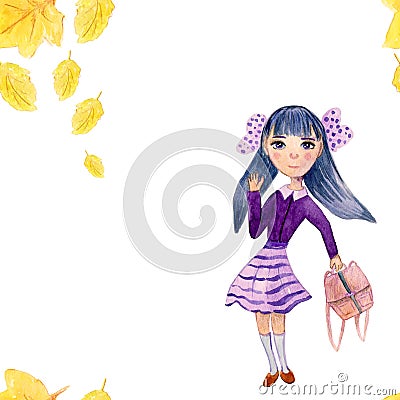 Watercolor seamless pattern about school with girl and autumn leaves. Stock Photo