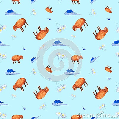 Watercolor Seamless pattern of sheep with closed eyes, clouds and chamomiles. Illustration isolated on blue background Stock Photo