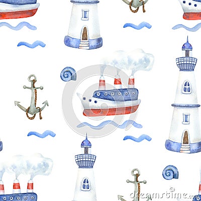 Watercolor seamless pattern with ships and lighthouses on white Cartoon Illustration