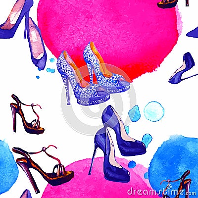 Watercolor seamless pattern with shoes Vector Illustration