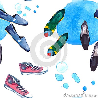 Watercolor seamless pattern with shoes Vector Illustration