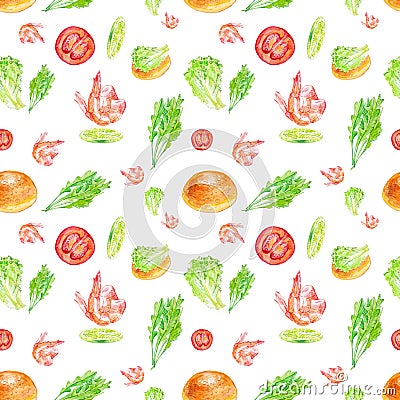 Watercolor Seamless pattern with shrimp, lime, tomato, salad, bun and herbs . Illustration isolated on white background Stock Photo