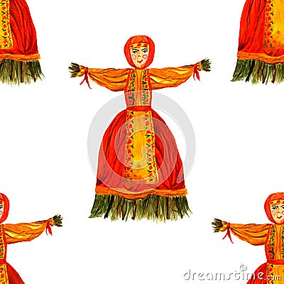 Watercolor seamless pattern with straw shrovetide. Stock Photo