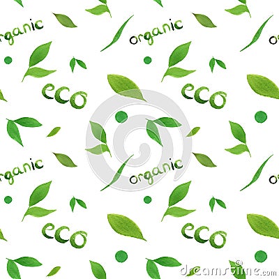 Watercolor seamless pattern simple green leaf eco, organic concept, lettering on white background. Cartoon Illustration