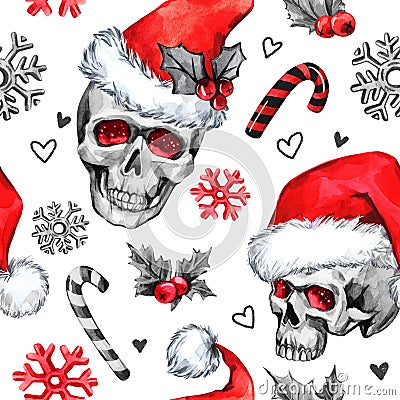 Watercolor seamless pattern with sketchy skulls in Santa hat, snowfalkes, leaves. Cretive New Year. Celebration Cartoon Illustration