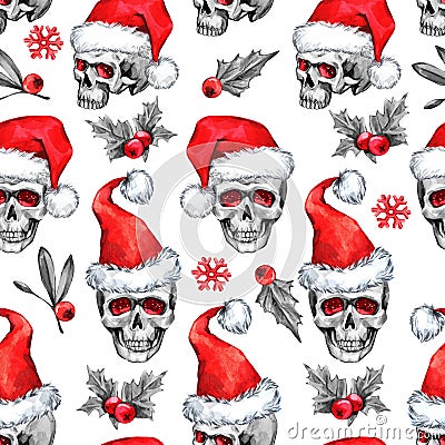 Watercolor seamless pattern with sketchy skulls in Santa hat, snowfalkes, leaves. Cretive New Year. Celebration Cartoon Illustration