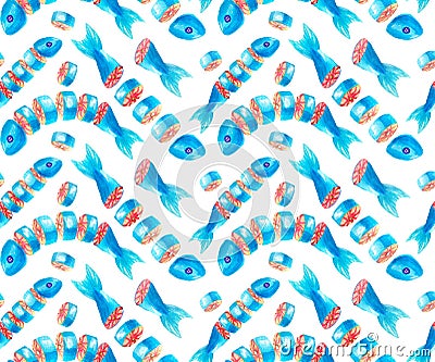 Watercolor seamless pattern of sliced fresh fish on white background isolated. Stock Photo