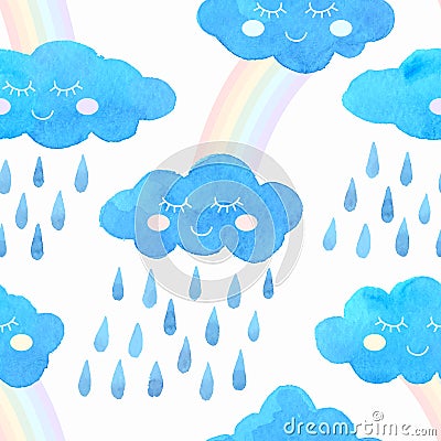 Watercolor seamless pattern with smiling clouds, rain and rainbow. Stock Photo