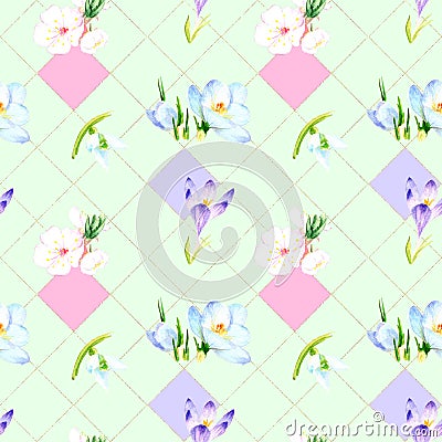 Watercolor seamless pattern - spring, birds, chicks nest Stock Photo