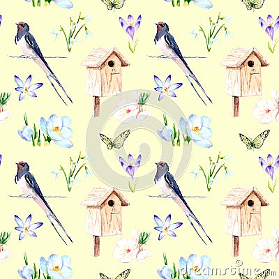 Watercolor seamless pattern - spring, birds, chicks, nest Stock Photo