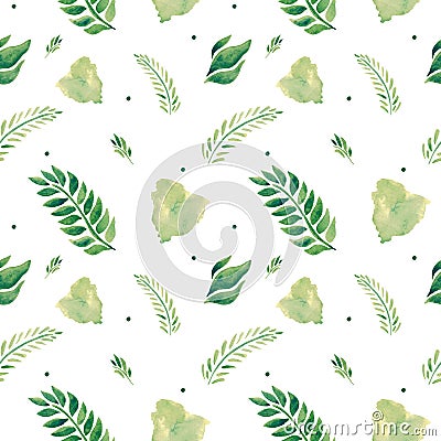 Watercolor seamless pattern spring leaves branches spots Plant illustration eco design Cartoon Illustration