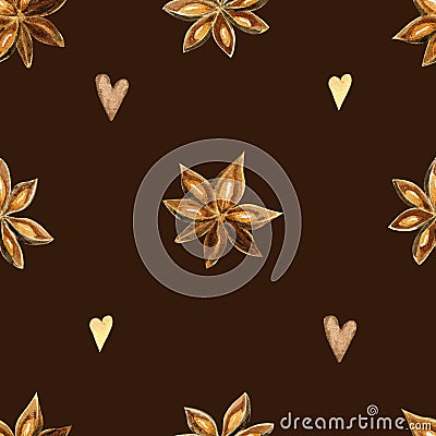 Watercolor seamless pattern with star anise. Spices and coffee hearts. Stock Photo