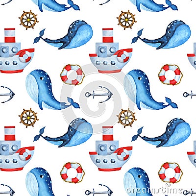 Watercolor seamless pattern with steamboat and whale Cartoon Illustration