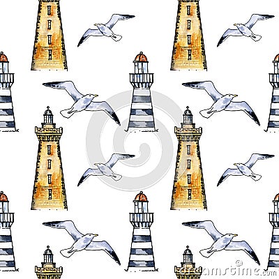 watercolor seamless pattern with striped lighthouse, grey seabird, different striped lifelines and textured cable with Cartoon Illustration