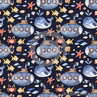 Watercolor seamless pattern with submarine, underwater creatures, seashell stones. Stock Photo