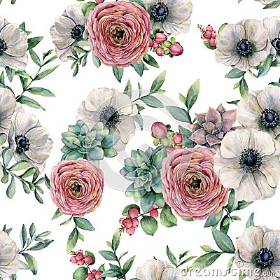 Watercolor seamless pattern with succulent, ranunculus, anemone. Hand painted flowers, eucaliptus leaves and succulent Stock Photo