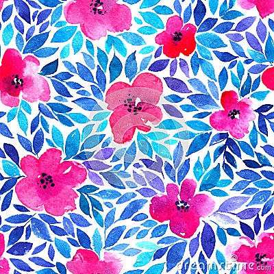 Watercolor seamless pattern with summer flowers and leaves. Stock Photo