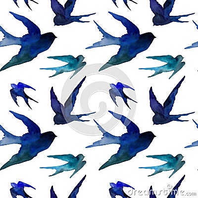 Watercolor seamless pattern of swallows silhouettes in blue Stock Photo